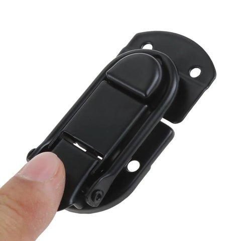 Five Piece Set Heavy Duty Black Metal Hasp Latches Built Different For Flight Cases, close-up view of black metal latch with finger.