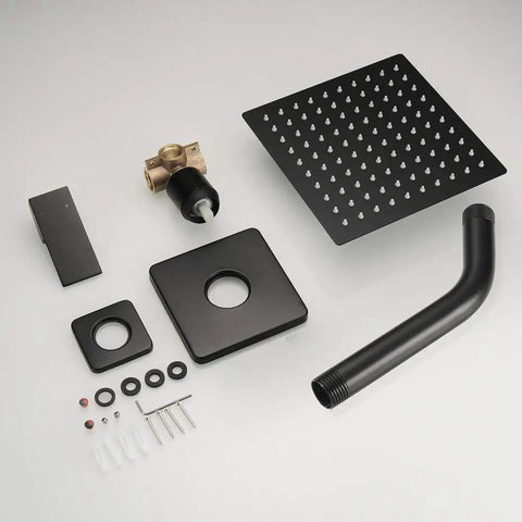 Matte Black Rain Shower System With Stainless Steel Shower Head, Wall Mount Design, Single Function Trim Kit With Rough In Valve, Brass Valve Construction, Easy Install Bathroom Shower Set