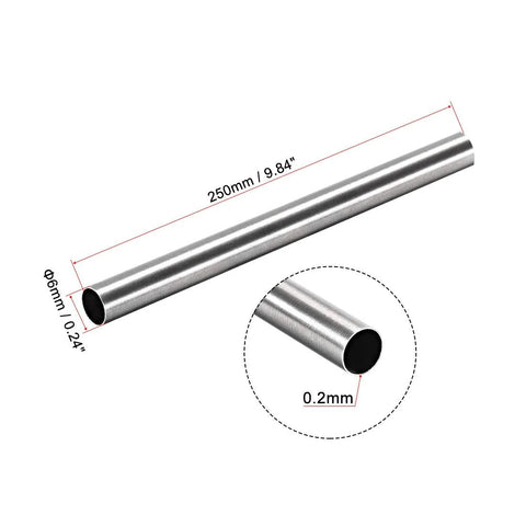 304 stainless steel tubing for DIY projects measuring 250mm length, 6mm outer diameter, and 0.2mm wall thickness, ideal for metal fabrication.