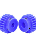 Two blue nylon bevel spur gear pinions, 2M pitch, 14mm bore, visible teeth, for RC cars and robotics. High torque, low noise.