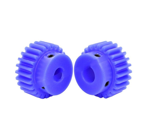 Two blue nylon bevel spur gear pinions, 2M pitch, 14mm bore, visible teeth, for RC cars and robotics. High torque, low noise.