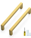 Gold Brushed Brass Cabinet Pulls With Screwdriver Included For Easy Install Six And A Quarter Inch Hole Center Six And Three Quarters Inch Overall Length Half Inch Wide Twenty Five Pack Slick Kitchen Cabinet Handles showing two pulls and tools