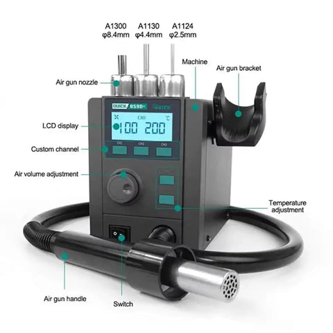 580W Digital Vortex Hot Air Rework Station With LCD Display Auto Sleep Fast Desoldering Soldering Tool with nozzles and controls visible