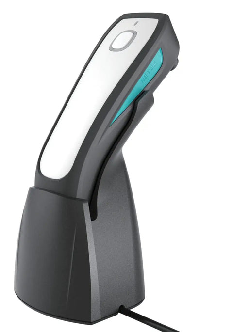Barcode Scanner Charging Base Dock For C750 C740 C830 C850 C990 And C200 in black with hands-free desk stand, side view.