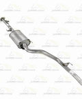 Direct Fit Exhaust Muffler And Tailpipe System Kit Plug-And-Play For Toyota FJ Cruiser 2007 2008 2009 2010 2011 2012 2013 2014 4.0L - Stainless Steel 409 Grade, Includes Gaskets, Hangers And Bolt Kits, Premium Replacement; angled view of full kit