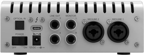 Back panel of Apollo Twin X Quad Gen 2 Thunderbolt 3 Audio Interface showing input and output connections for pro studio recording.