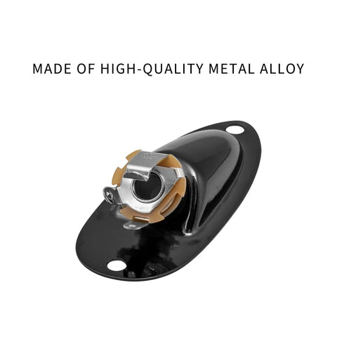 Badass Black Boat Style Guitar Output Jack Plate With A Smooth Quarter Inch Plug Made For Strat Cats Who Want A Heavy Duty Swap With Zero Headaches And Comes With Mounting Hardware For Quick Setup, close-up view showing metal alloy construction.
