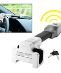 Secure Your Daily Rig With This Motion Activated Steering Wheel Lock Featuring A Smart Vibration Alarm That Screams When Snatchers Mess With Your Ride. Compatible With Chevrolet Volt Bolt Euv And Blazer Ev Models. Close-up view of silver hardened steel lock with padded grip on steering wheel.