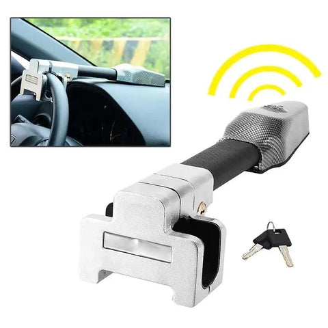 Secure Your Daily Rig With This Motion Activated Steering Wheel Lock Featuring A Smart Vibration Alarm That Screams When Snatchers Mess With Your Ride. Compatible With Chevrolet Volt Bolt Euv And Blazer Ev Models. Close-up view of silver hardened steel lock with padded grip on steering wheel.