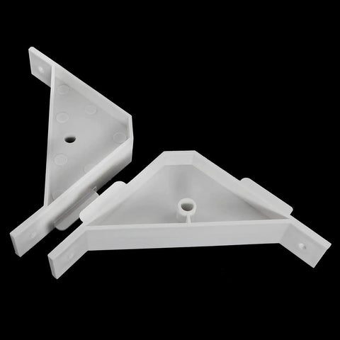 Dead Simple Twelve Piece Set Of Crisp White Plastic Ninety Degree Cabinet Triangle Brackets Knockout Corner Support Braces For Furniture And Quick Fixups, two pieces displayed.