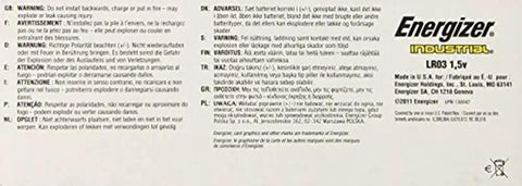 Energizer industrial grade battery packaging with warnings and instructions for use, showcasing Heavy Duty AAA Alkaline Batteries 24 Pack.