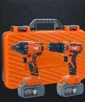 Badass Little Rechargeable Drill Set With Bright LED Light Two Speed Forward Reverse Switches Make Home Jobs A Breeze, featuring 2 drills in orange case.