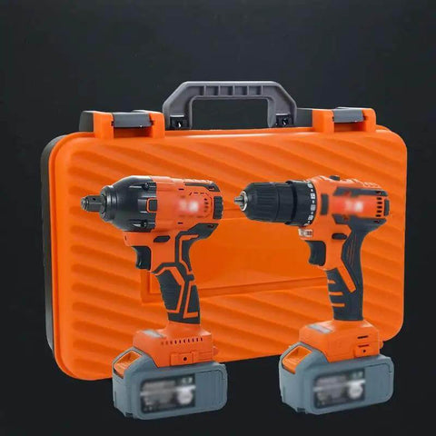Badass Little Rechargeable Drill Set With Bright LED Light Two Speed Forward Reverse Switches Make Home Jobs A Breeze, featuring 2 drills in orange case.