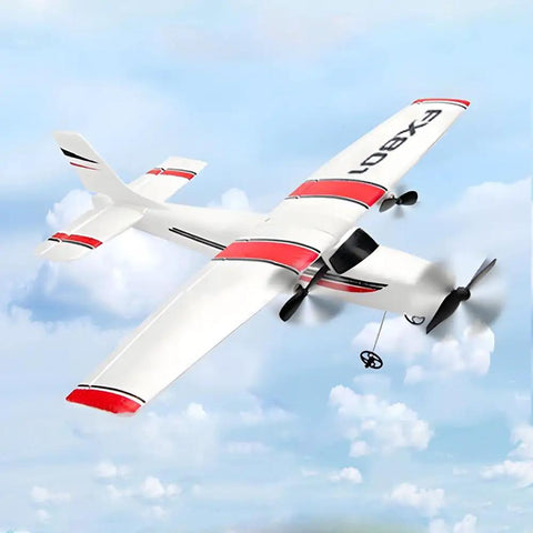 Beginner Friendly RC Plane With 2.4GHz 2 Channel Control, EPP Foam Glider flying in blue sky, white and red design.
