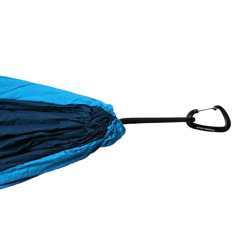 Close-up of Double Travel Hammock Ultralight Parachute Nylon with aluminum carabiner for easy outdoor lounging and camp comfort.