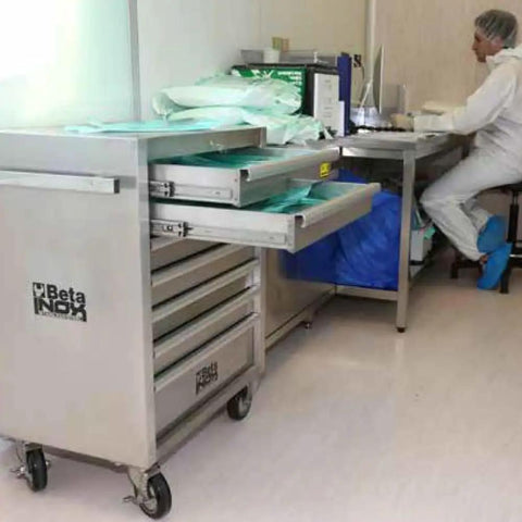 Rock Solid Stainless Steel Mobile Roller Cabinet With Seven Drawers Shop Tool Storage Workbench, shown with open drawers.