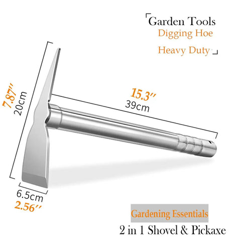 Side view of Heavy Duty 2 In 1 Garden Hoe Shovel And Pickaxe For Digging And Planting In The Yard with dimensions