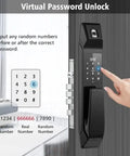 Premium Heavy Duty Smart Fingerprint Door Lock Featuring Slick Electronic Keyless Access And Waterproof Zinc Alloy Construction For Effortless Home Security with virtual password unlock feature.