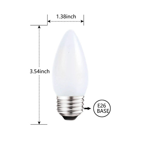 Frosted LED Candelabra Bulbs E26 Base 2W Dimmable Soft White 3000K 25W Equivalent bulb dimensions 3.54 inch height 1.38 inch width