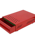 Premium Red Coffee Knock Box For Espresso Grounds With Cushioned Rubber Rod And Antislip Base, showing open storage tray, rustproof design.