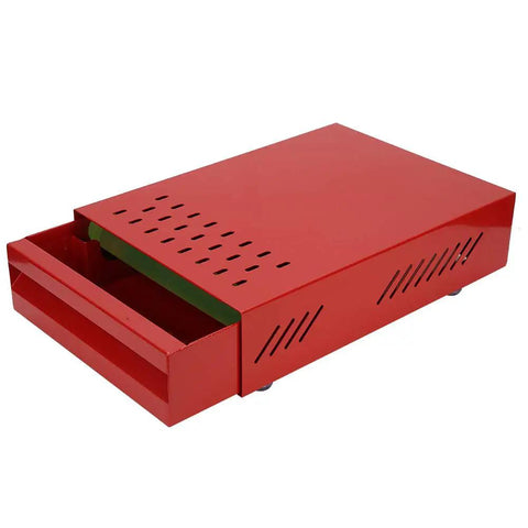 Premium Red Coffee Knock Box For Espresso Grounds With Cushioned Rubber Rod And Antislip Base, showing open storage tray, rustproof design.
