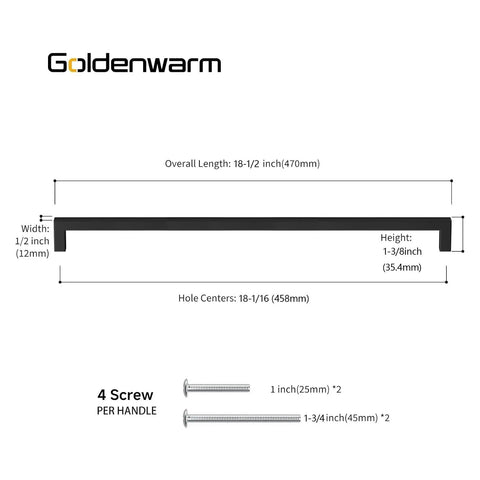 Diagram showing Five Pack Black Stainless Steel Cabinet Pulls For 18 Inch Drawer Cabinets with dimensions and screws