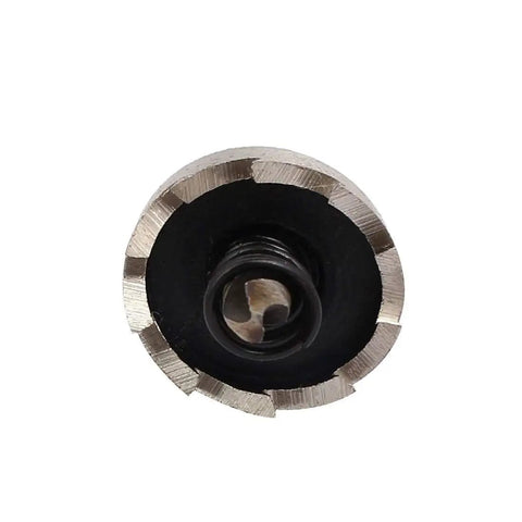 Heavy Duty 21mm Hole Saw Set With 69mm Overall Length HSS Spring Loaded Twist Drill Bits 15mm Cutting Depth 2 Pieces Include Hex Wrenches And Case Pro Grade Wood And Metal Cutting Tools For Quick Clean Cuts, front view of saw blade