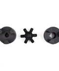 Flexible L Jaw Coupling Set Half To Three Quarter Inch Bores L095 Three Piece With NBR Buna N Rubber Spider Includes Two Halves And Insert Keyways And Set Screws Interchangeable With Lovejoy Martin Browning TB Woods, shown with two black halves and spider