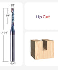 SpeTool carbide O-flute router bit, 1/8 in cutting diameter, 1/4 in shank, up-cut coated; shown with wooden block