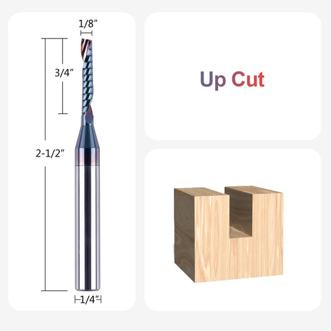 SpeTool carbide O-flute router bit, 1/8 in cutting diameter, 1/4 in shank, up-cut coated; shown with wooden block