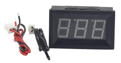 Front view of Digital Temperature Meter 0 To 167 Degrees Fahrenheit With Blue LED Display MF55 NTC Thermistor Sensor Two Wire And Reverse Polarity Protection In Black Case.