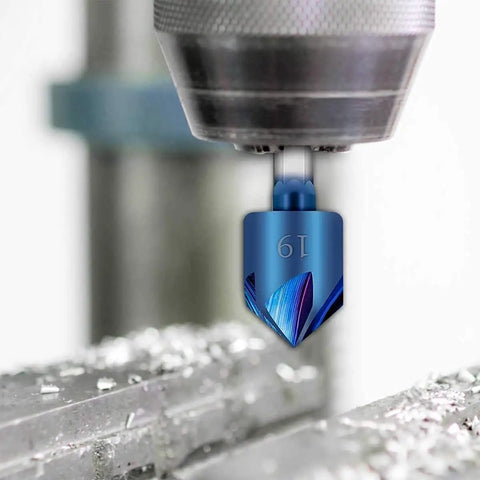 Killer Six Piece Countersink Drill Bit Set With One Quarter Inch Hex Shank And Slick Ninety Degree Chamfering Design close-up on drill bit