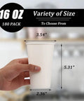 Hand holding 16 oz white paper cup, dimensions displayed, showcasing 180 Pack 16 Oz Disposable Coffee Cups White Paper Cups For Hot Or Cold Beverages Water Juice Or Tea Sturdy Anti Leak With Rolled Rim Food Grade Perfect For Office Parties Home And Travel On The Go