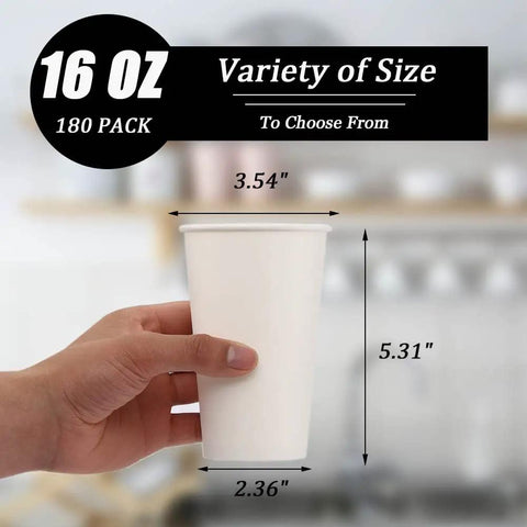 Hand holding 16 oz white paper cup, dimensions displayed, showcasing 180 Pack 16 Oz Disposable Coffee Cups White Paper Cups For Hot Or Cold Beverages Water Juice Or Tea Sturdy Anti Leak With Rolled Rim Food Grade Perfect For Office Parties Home And Travel On The Go
