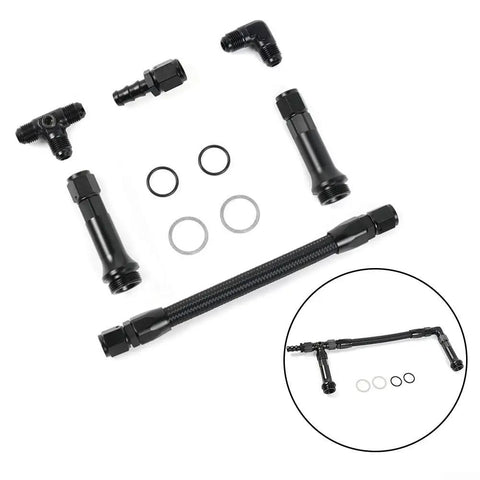 Upgrade Your Ride With This Rock Solid Holley AN6 Three Way Fuel Line Conversion Kit Designed For 4150 Carburetors To Ensure Smooth Flow And Serious Engine Efficiency No More Leaks Just Pure Performance. AN6 black fuel line kit with fittings, O-rings, and 4150 carburetor connectors
