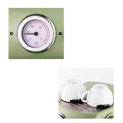 Close-up of gauge and cup warmer from fully automatic and semi automatic espresso coffee machine with retro design for home or small biz pump driven strong steam and milk froth green color easy auto and manual modes great for lattes cappuccinos and more.