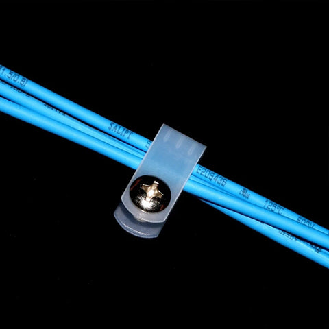 White Nylon R Type Cable Clamps One Quarter Inch 200 Piece Cable Organizer Kit securing blue wires with a metal screw