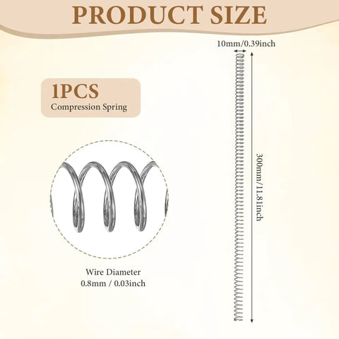 Durable Carbon Steel Compression Spring With 0.8mm Wire, 10mm Outer Diameter, And 300mm Length Perfect For Small DIY Repairs, Pen Fixes, And Home Shop Assortment Kits That Get Stuff Done Right Now. Product size diagram showing one compression spring