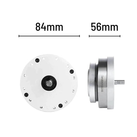 Front and side view of SHF-17-IV Strain Wave Gearbox Beefy High Torque For Automation Arm And BLDC Servo Motors, 84mm diameter, 56mm depth.