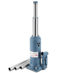 Baoshishan 4-ton bottle jack with blue base and chrome lifting ram; includes three metal extension tubes.
