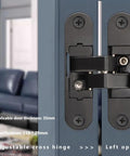 Close-up of a Hidden Cross Hinge For Invisible Doors, Three-Dimensional Adjustable 180 Degree Flat Folding Wooden Door Hinge, Large Left 2, installed on a door.