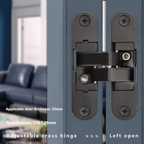 Close-up of a Hidden Cross Hinge For Invisible Doors, Three-Dimensional Adjustable 180 Degree Flat Folding Wooden Door Hinge, Large Left 2, installed on a door.