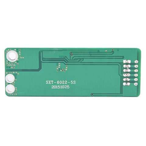 Top Shelf 5S 18650 Battery Charge And Discharge BMS Protection Board With Dead Nuts Accurate Tracking Heavy Duty 18V 21V 15A Circuit top view showing circuit layout and solder points.