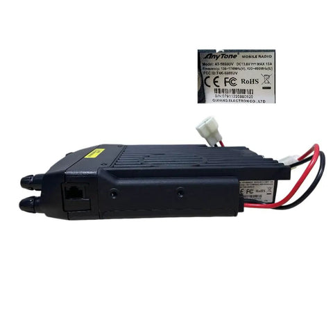 Side view of Dual Band Mobile Transceiver for Vehicles VHF 144 148 MHz and UHF 420 450 MHz With 50W VHF and 40W UHF Cross Band Repeat AT5888UV Compatible showing connection ports and cables