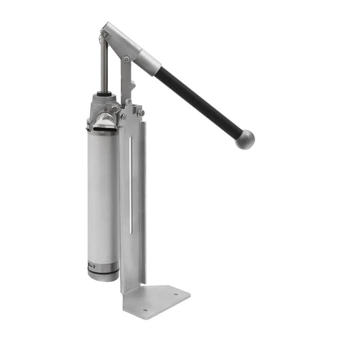 Heavy Duty Manual Loading Paste Pump With 15 Inch Handle And Stable Aluminum L Base For Thick Liquids, shows aluminum body and handle.