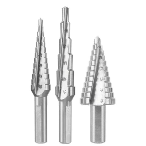 Turbo Step Drill Bit Set For Cordless Drills, 3 Piece High Speed Steel Bits With 2x Cutting Edges, different step sizes visible