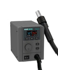 Pro Grade High Power 580W Digital Hot Air Rework Station With LCD Display And Stepless Fan Speed 3 Nozzles For Precise Phone PCB Repair Soldering And Quick Desoldering, showing front angle with LCD screen and handle.