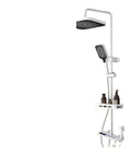 Heavy Hitter Adjustable Shower Set With Expansive Waterfall Head Durable Brass Frame with dual spray options and shelf.