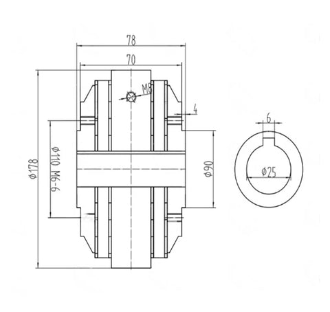 Technical drawing of High Torque Magnetic Powder Brake 25 Nm, Adjustable Torque, Durable Hollow Brake Unit dimensions