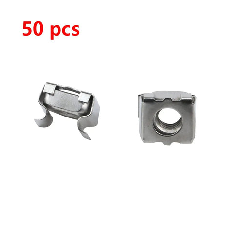 Heavy Duty M6 Mounting Cage Nuts For Server Rack And Network Cabinet Buildout Set with two clips showing quality carbon steel material.